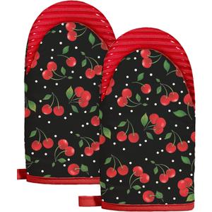 Slohif Cherry Mini Oven Mitts Set  Red Extended Short Heat Resistant Kitchen Gloves for Women, 100% Cotton Oven Mitts with Silicone Grips, Non-Slip and Thick Durable for Cooking & Baking (Black)