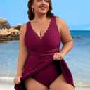Charmo Plus One Piece Swimsuit with Skirt Ruched Tummy Control Bathing Suit Swim Dress Modest Curvy Swimwear Dark Red 2X