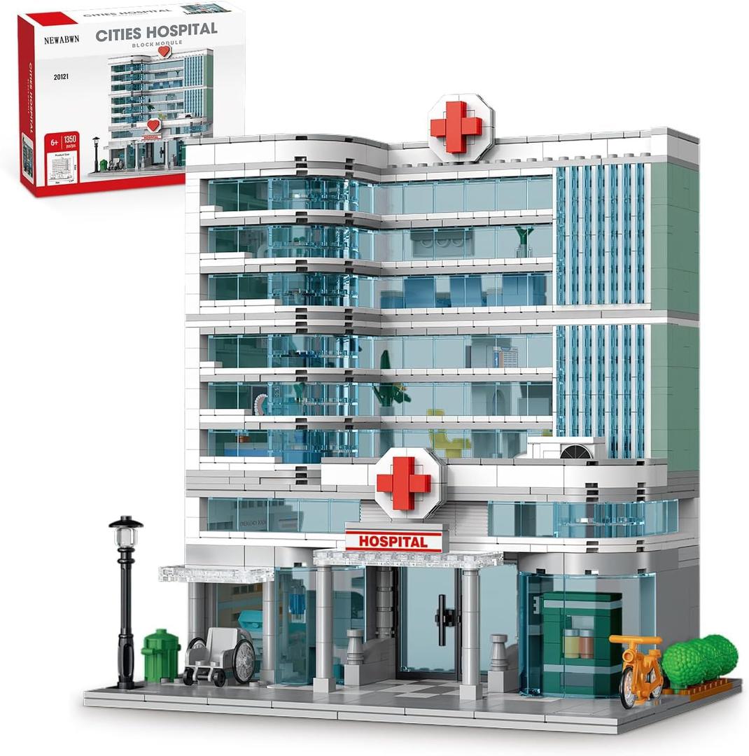 NEWABWN City Hospital Building Set Compatible with Lego, 1350 Pieces Modular 3-Story Medical Center with LED Lighting, Building Set for Adults and Kids Ages 10+, Gift for Boys and Girls