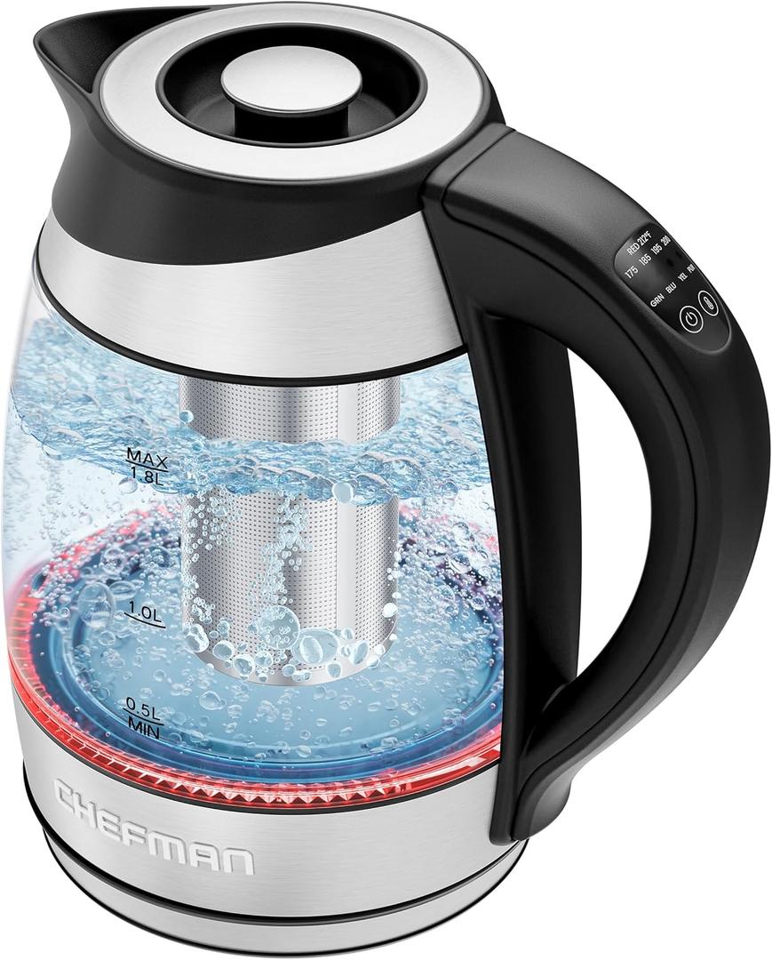 Chefman Electric Kettle with Temperature Control, 5 Presets LED Indicator Lights, Removable Tea Infuser, Glass Tea Kettle & Hot Water Boiler, 360 Swivel Base, BPA Free, Stainless Steel, 1.8 Liters