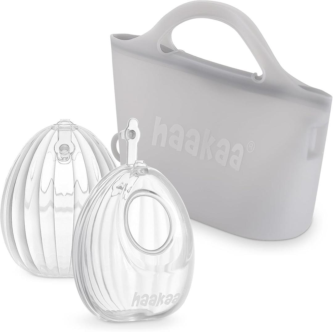 haakaa Wearable Silicone Breast Pump with Steriliser Bag, 2-in-1 Hands-Free Passive Breast Milk Catcher for Nursing Mom, Breastfeeding Essentials, 2-Pack 75ml Pumps & 1 Steriliser Bag (Grey)