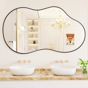 WEER Irregular Wall Mirror, 26x46 inch Black Asymmetrical Mirror Wall Mounted Mirrors Decorative, Abstract Wavy Aluminum Alloy Frame Mirror for Bathroom, Bedroom, Living Room, Entryway