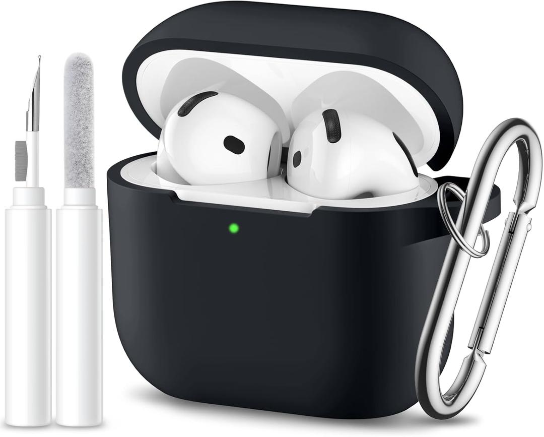 for Airpods 4th Generation Case Cover(2024),Soft Silicone Full Protective Case for AirPods 4 Case with Keychain & Cleaner Kit,Compatible with Apple Airpods 4 for Women,MenBlack