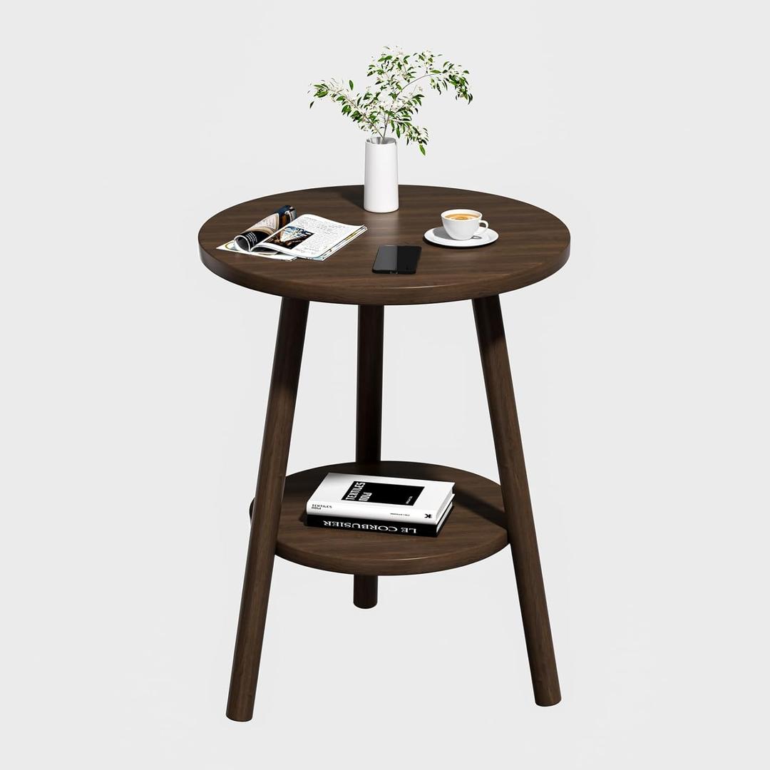 Round Side Table, Small End Table with Lower Shelf, Bedside Table, Mid Century Modern Nightstand for Living Room, Bedroom, Corners and Office (Walnut)