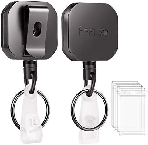 FEELSO Badge Holder Reel Retractable, Metal Heavy Duty Badge Holder with Belt Clip Key Ring and 6pcs Plastic ID Card Holders, Steel Wire Cord Up to 25 inch (Pack of 2)