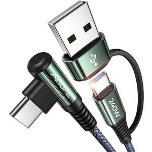 AINOPE 10 FT USB C Cable Fast Charging, 240W USB-C Charge Cable with Adapter, Fast Charger USB C Cable Supports 100W, Right Angle USB C Fit MacBook Pro/Air, iPad Pro/Air, iPhone 17/16/15, 10FT Grey