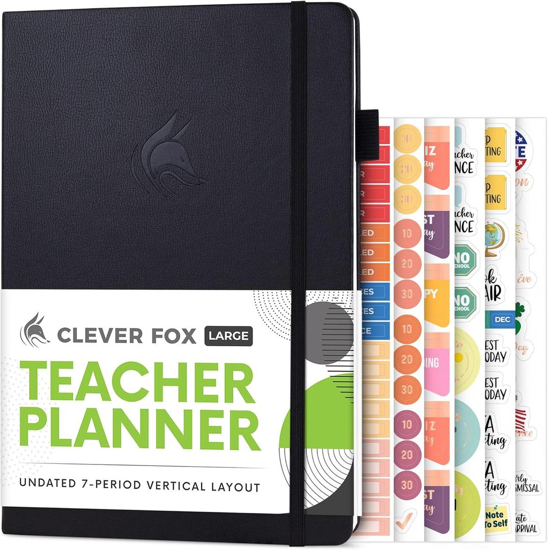 Clever Fox Teacher Planner  School Year Planner with Calendars & Lesson Plans  Teacher Plan Book for Classroom & Homeschool Organization - Undated, 7x10, Hardcover (Black)