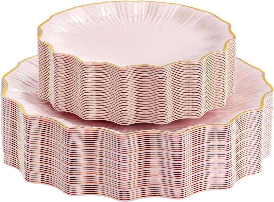 Rubtlamp 60Pcs Pink Plastic Plates - Pink Scalloped Plates with Gold Trim - 30 Dinner & 30 Dessert Platos, Heavy-duty Gold Plates for Party, Wedding&Mothers Day (30 Guests)