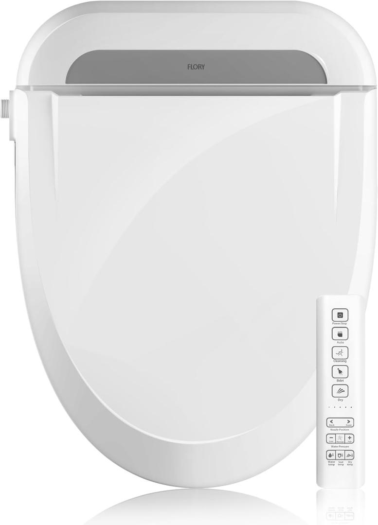 R FLORY Electric Bidet Toilet Seat Elongated Heated Toilet Seat with Bidet Slow Close Lid, Remote Control, Air Pump Flushing, Adjustable Self-Clean Nozzle, Instant Warm Water, Air Dryer, Night Light