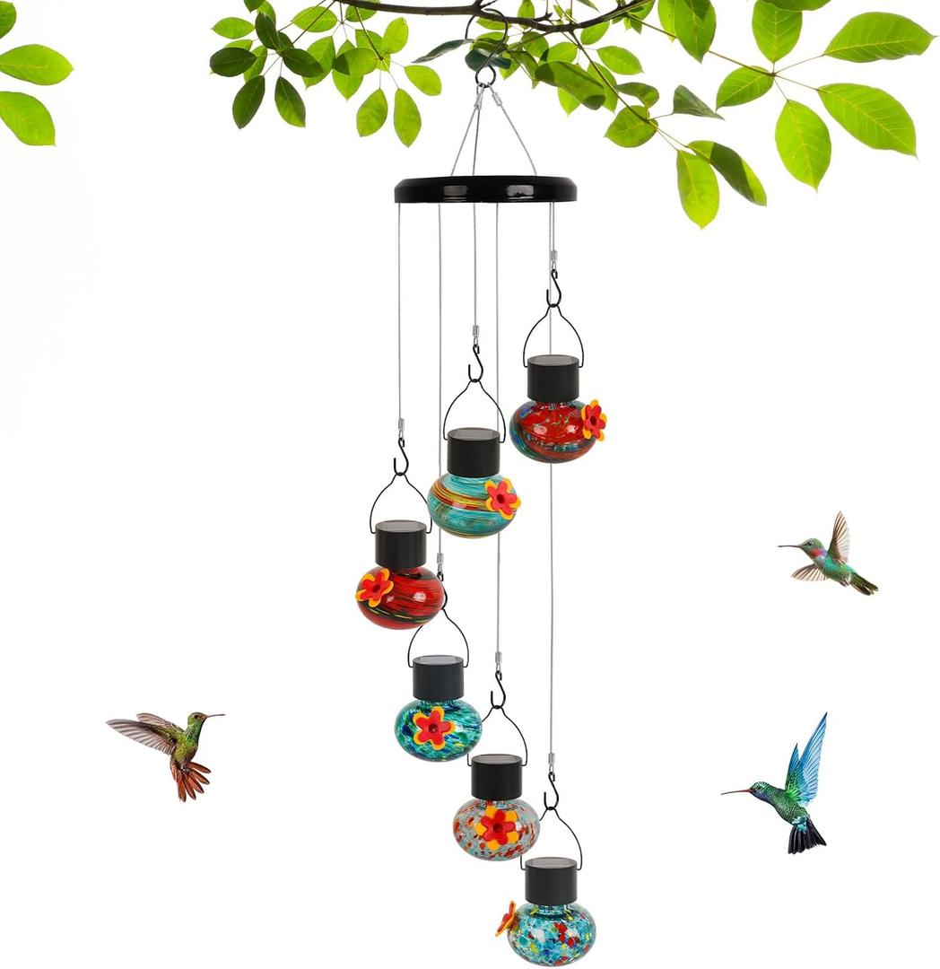 Solar Powered Wind Chimes Hummingbird Feeder with LED Light, Charming Hand-Blown Glass Bird Feeders for Outdoor, Leak-Proof, Ant & Bee Resistant, Perfect for Garden Decor (Ball, Multicolor)