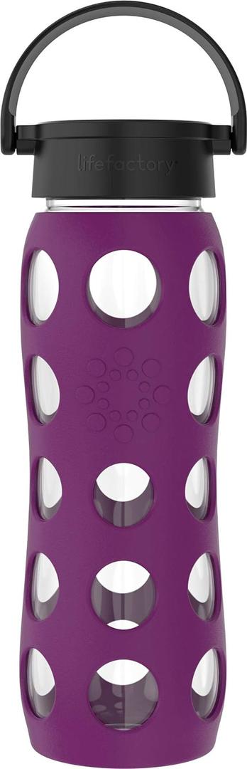 Lifefactory 22-Ounce BPA-Free Glass Water Bottle with Classic Cap and Protective Silicone Sleeve, Plum