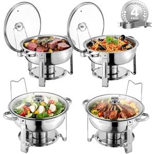 VEVOR Chafing Dish Buffet Set, 5 Qt 4 Pack, Stainless Steel Chafer with 4 Full Size Pan, Round Catering Warmer Server with Glass Lid Water Pan Folding Stand Fuel Holder, for Wedding Party Banquet (Silver)