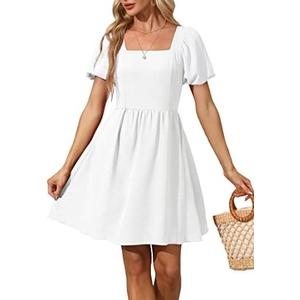 OFEEFAN Women Puff Sleeve Square Neck Tie in Back Dresses with Zipper, M