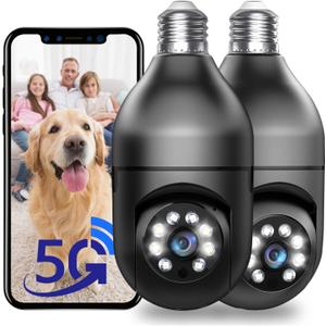 Light Bulb Security Cameras Wireless Outdoor, 5G& 2.4GHz WiFi Security Camera for Home security Outdoor Indoor, Motion Detection, Color Night Vision, Siren Alarm, Compatible with Alexa(2 Pack) (5G& 2.4GHz-Black)