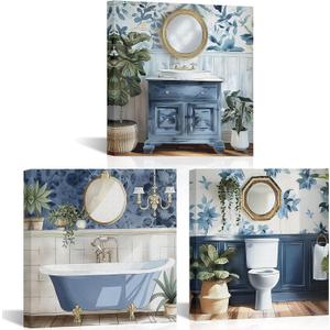 PoGoXiPoYo 3 Pieces Bathroom Wall Art Canvas Prints Bath Tub Toilet Sink Painting Picture Blue Bathroom Wall Decor Framed Rustic Modern Artwork for Home Decor Ready to Hang 12"x12"x3, 1212inch3pcs