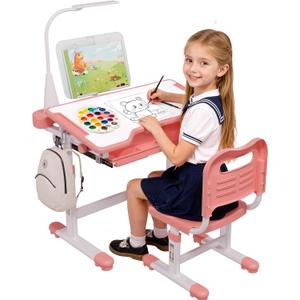 BIERUM Kids Desk and Chair Set - Height Adjustable 55 Tiltable Student Desk, Ergonomic Widened Desktop Table with Painting Mat, Bookstand and 3 Modes LED Lamps for Kids Ages 3-12, Pink