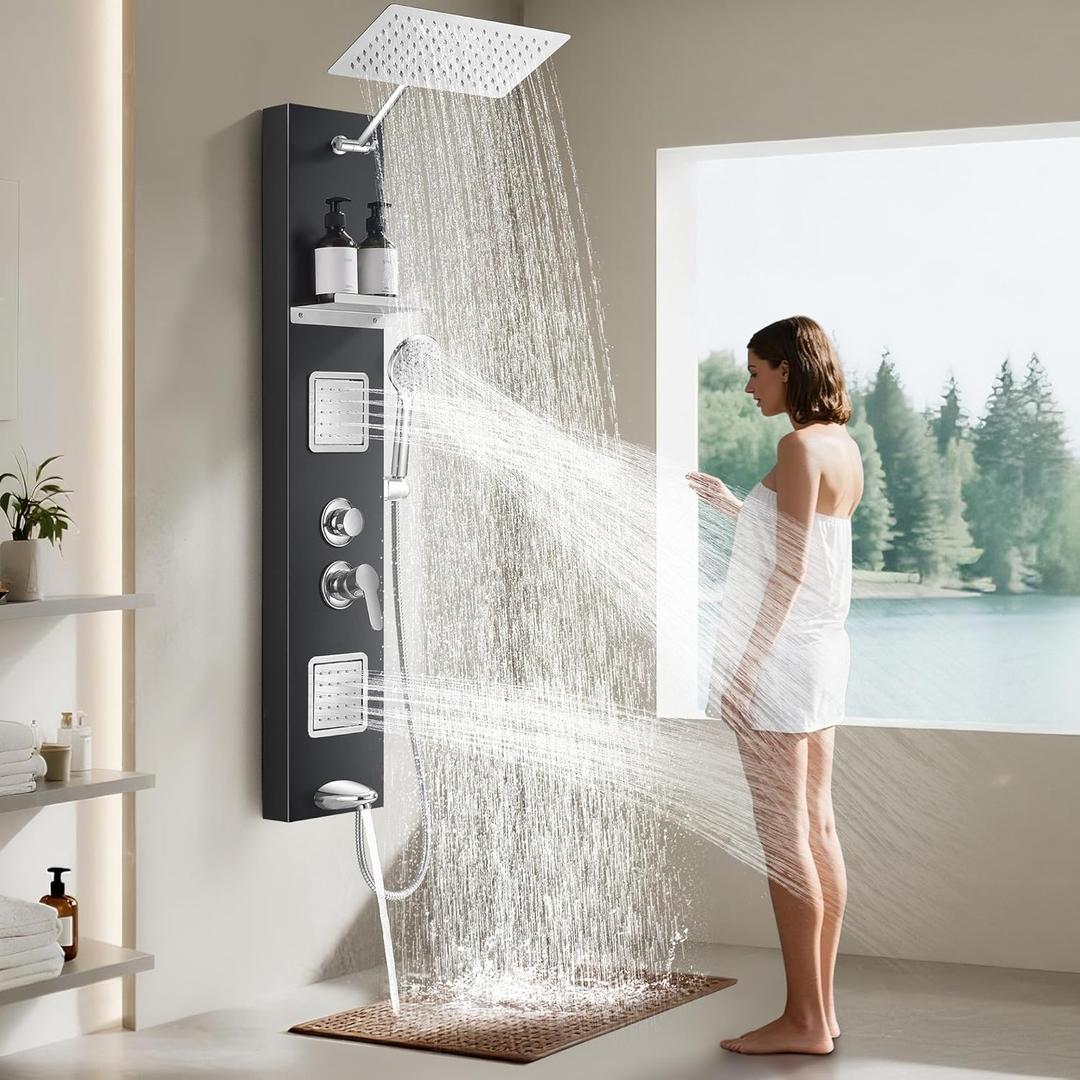 Shower Panel System, Multi-Function Shower Tower With 4 Body Spray, 5 Handheld Settings, Shelf & Adjustable Height, Rainfall + Waterfall Shower Head, Rain Massage Spa System For Bathroom
