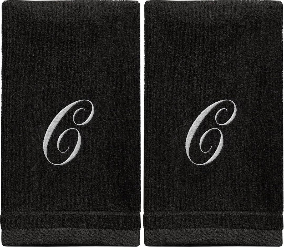 Monogrammed Towels Fingertip, Personalized Gift, 11 x 18 Inches - Set of 2 White Embroidered Towel - Extra Absorbent 100% Cotton - Soft Velour Finish - For Bathroom/ Kitchen/ Spa - Initial C (Black)