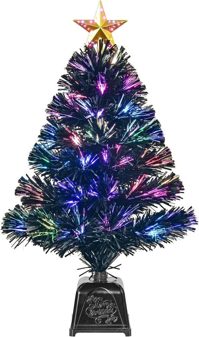 24inch Black Fiber Optic Christmas Tree,Pre-Lit Artificial Mini Christmas Tree, Tabletop Small Xmas Tree with Stars Holiday Home Decorations (Black)