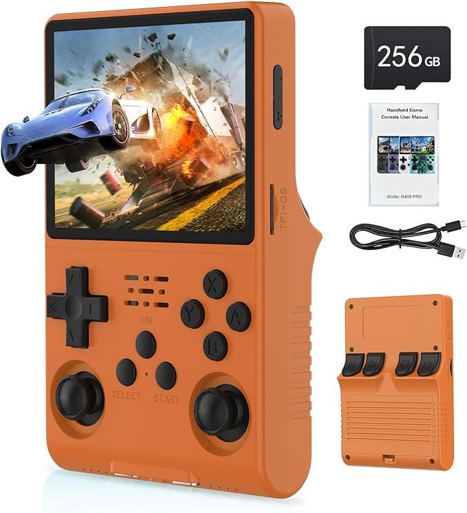 R40S PRO Retro Gaming Console, 30000+ HD Games Handheld Game Console, 3800mAh Rechargeable Mini Retro Video Console with 256GB TF Card, Portable Pocket Arcade Orange