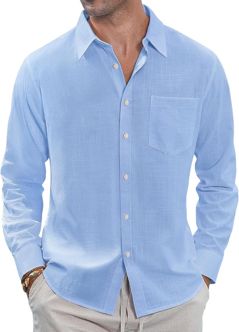 J.VER Men's Cotton Linen Shirts Casual Button Down Long Sleeve Shirt Tropical Spread Collar Solid Top with Pocket, Light Blue, 3X-Large