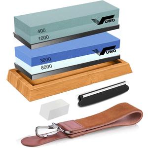 Knife Sharpening Stone Kit - Whetstone Grit 400/1000 3000/8000 Premium Knife Sharpener Wet Stone Set with Bamboo Base Angle Guide Leather Strop Flattening Stone Silicon holder