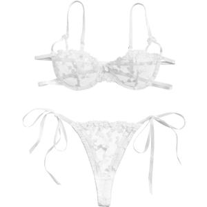Lilosy Sexy Tie Side Cute Underwire Push Up Strappy Embroidered Mesh Sheer Lingerie Set (Medium, Bow White)