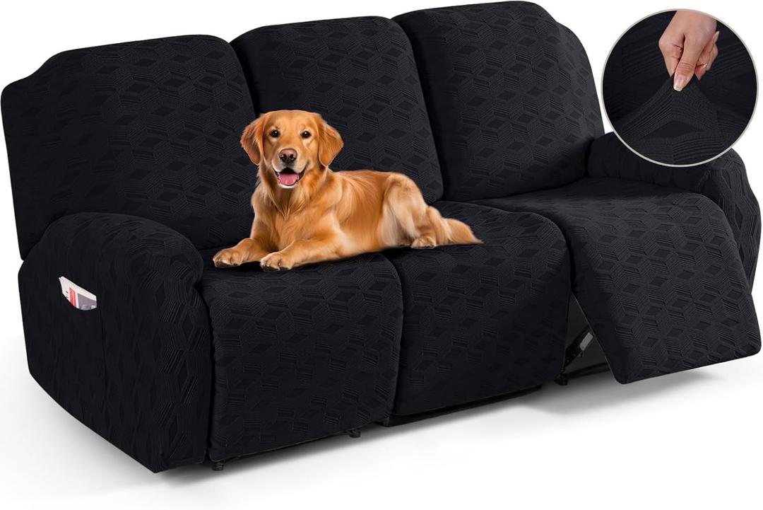 TAOCOCO Recliner Sofa Covers Stretch Reclining Couch Cover, Jacquard Recliner Couch Cover for 3 Seat Furniture Protector Sofa Slipcovers with Elastic Bottom for Kids, Pets (Black)