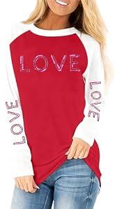 Valentines Shirts for Women Love Letter Print T Shirt Funny Sequin Valentine XOXO Graphic Long Sleeve Causal Tee Tops Red Small
