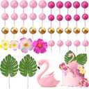 42 Pieces Flamingo Cake Toppers Palm Leaves Hibiscus Flowers Hawaiian Luau Cake Decorations Pink Rose Red Gold Foam Mini Ball Cake Toppers for Tropical Birthday Wedding Party Cake Decorations