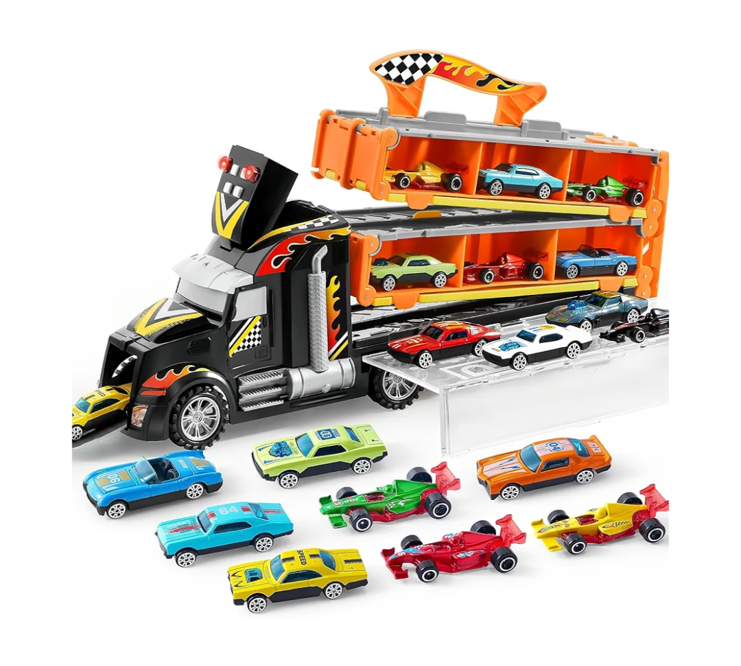 JOYIN Toy Truck for Kids, 5-FT Race Track and 12 Die-Cast Metal Toy Cars, Racing Car with Lights & Sounds, Toddler Carrier Truck Playset Gift for 2 3 4 5 Years Old Boys and Girls-Black
