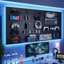 RGB Gaming Wall Organizer Peg Board with RGB LED Strip Lights, 4PCS Metal Gamer Wall Decor Peg Board with 20 Peg Hooks, DIY Gaming Setup Organizer PegBoard Gaming Wall Accessories 12 * 24