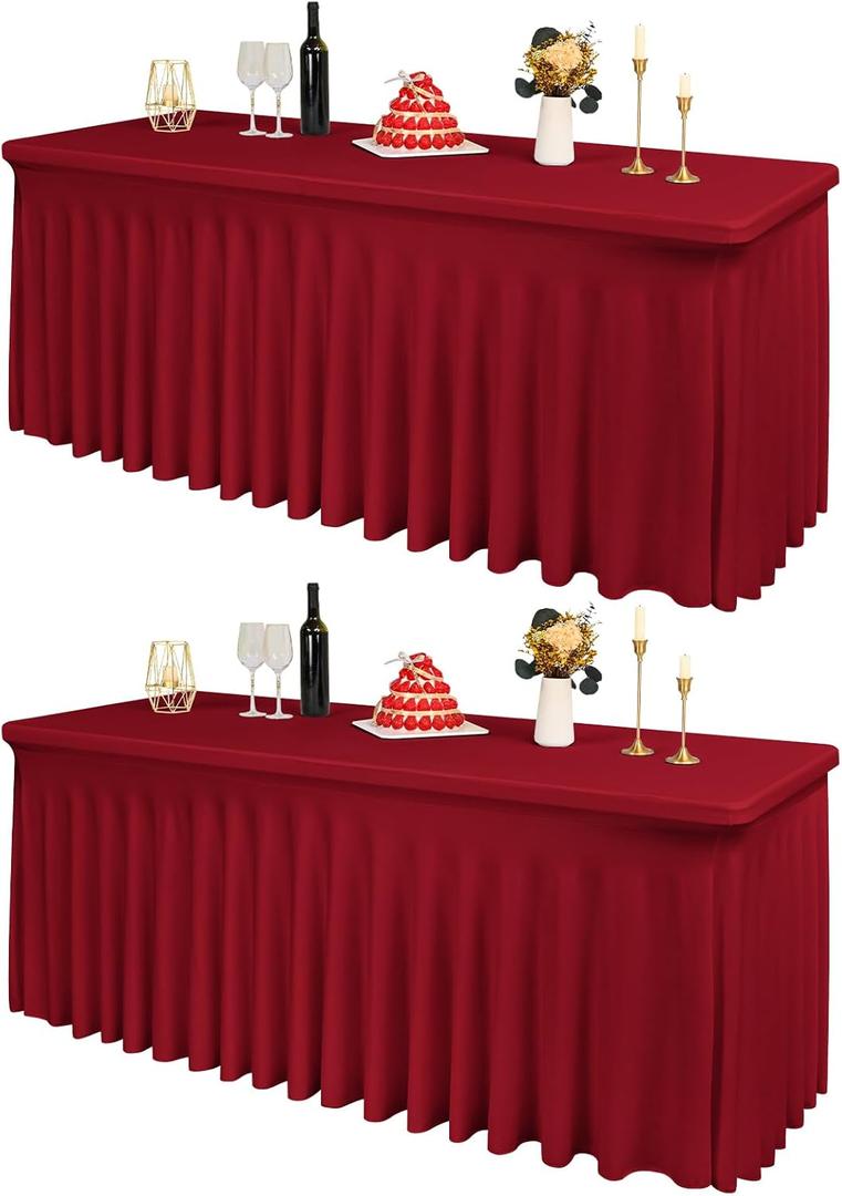 2 Packs Burgundy Spandex Table Clothes for 6 Foot Rectangle Tables, Wrinkle Resistant Fitted Tables Cover, Washable Stretch Table Skirts for Weddings Parties Banquet Birthday Festival