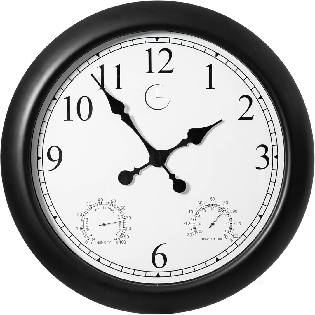 Clockswise Non-Ticking Quartz Wall Clock with Thermometer & Hygrometer Battery Operated Analog Clock for Temperature & Humidity Monitoring Ideal for Home Office School (Black Solid Frame, 24 Inch)
