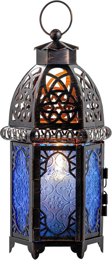 DECORKEY Vintage Candle Lantern, 12.8 Moroccan Style Decorative Metal Hanging&Tabletop Lantern, Ramadan Christmas Candle Holder Decorations for Home Outdoor Patio (Blue) (Large)