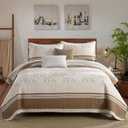 100% Cotton Quilt King Size - 3 Pieces Brown King Quilt Set, Lightweight Soft King Bedspread Coverlet for All Season, Farmhouse Striped Floral Quilted Bedding Set for King Bed