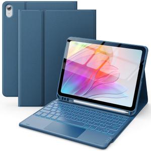 CHESONA for iPad 10th Generation Case with Keyboard, 7 Color Backlight, Multi-Touch Trackpad, Flip Stand Case with Pencil Holder, 2 Wireless Channels for iPad (A16) 11th/10th Gen 2025/2022, Steel Blue