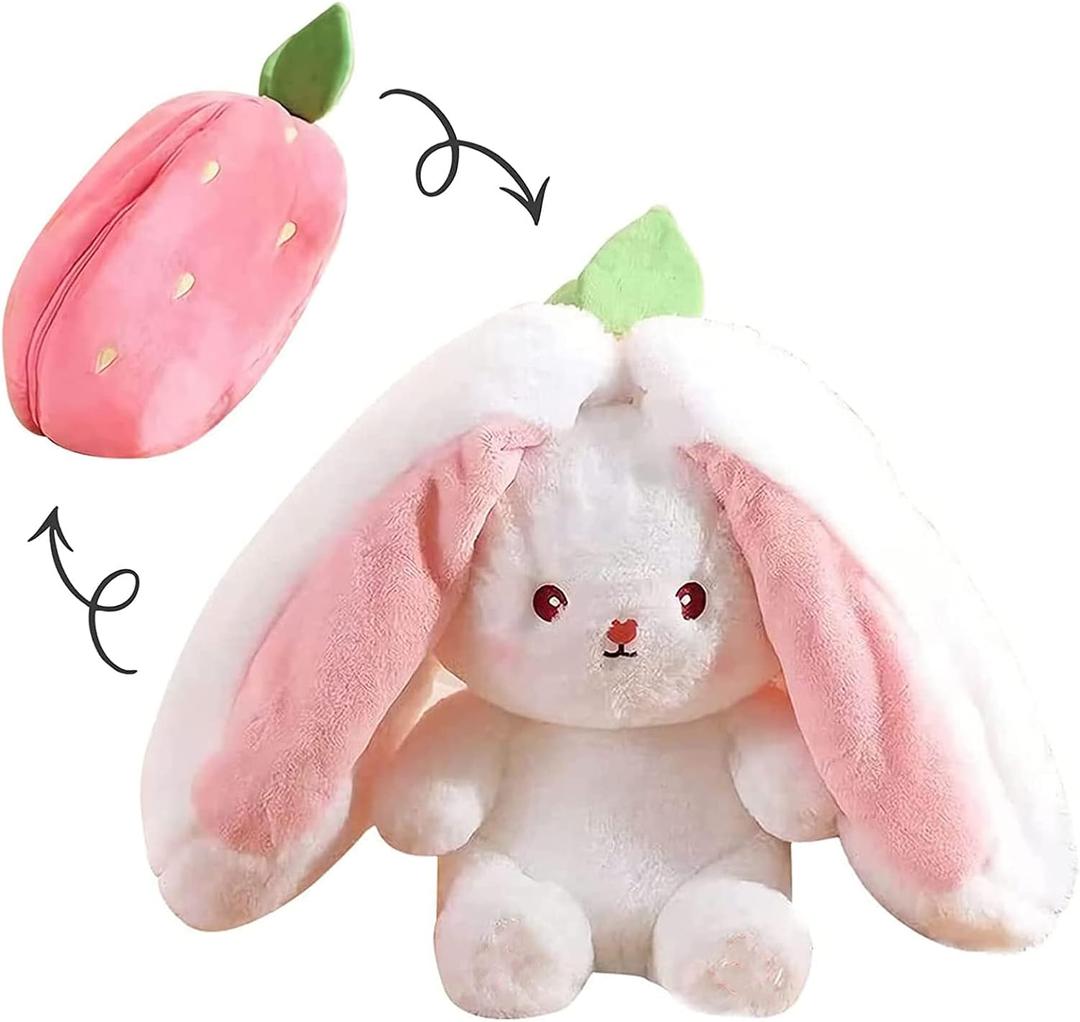 Bunny Plush Doll Toy Pillow, Reversible Carrot Strawberry Bunny Stuffed Animal with Zipper, Cute Rabbit Decoration for Kids & Adult Birthday Party Gift (1pcs 7" Strawberry)