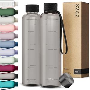 KIVY Slim Water Bottle 32oz [Lightweight & Shatterproof] Fits Backpack & Cupholder for Travel, Sports, School, Gym - Clear water bottle with measurements - Transparent Tritan Black - Dishwasher Safe