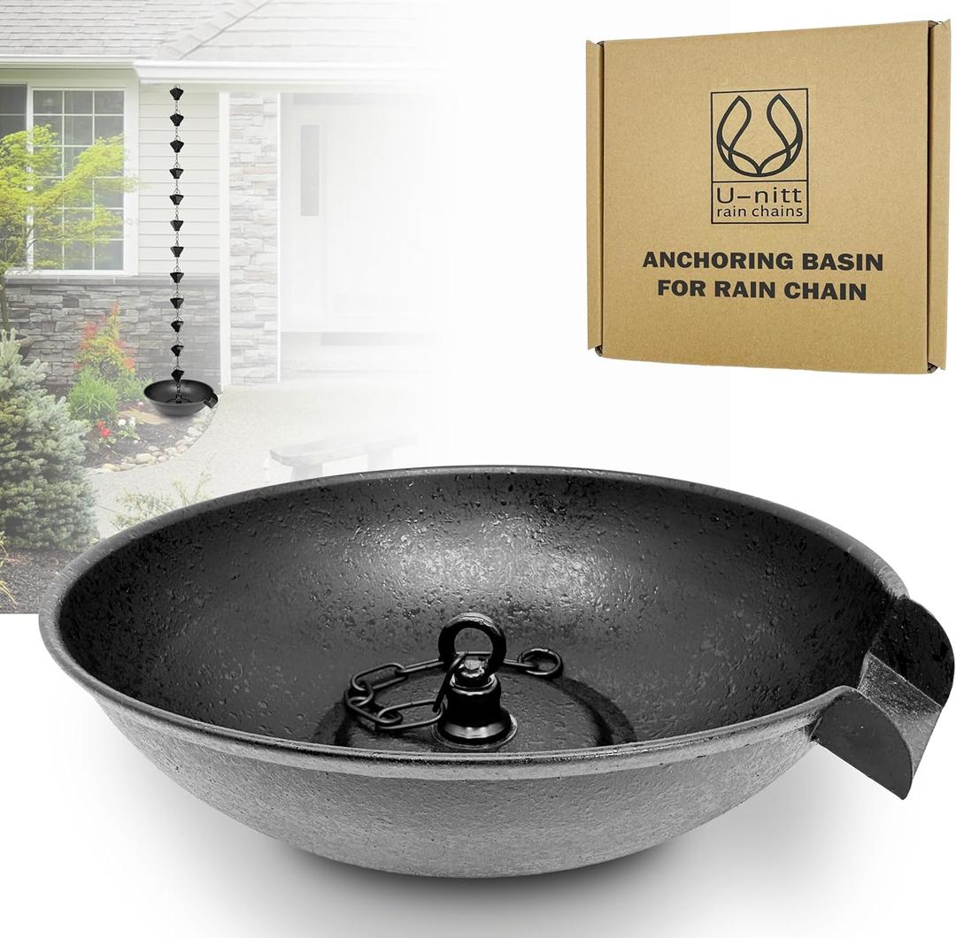 12" Spill Bowl Catch Basin for Rain Chain Anchoring & Stake | Rainwater Collection for Roof Gutter Downspout | Good For Water Fountain & Birdbath | Black | Works with Rainchain | Handles Heavy Rain (black-V2)