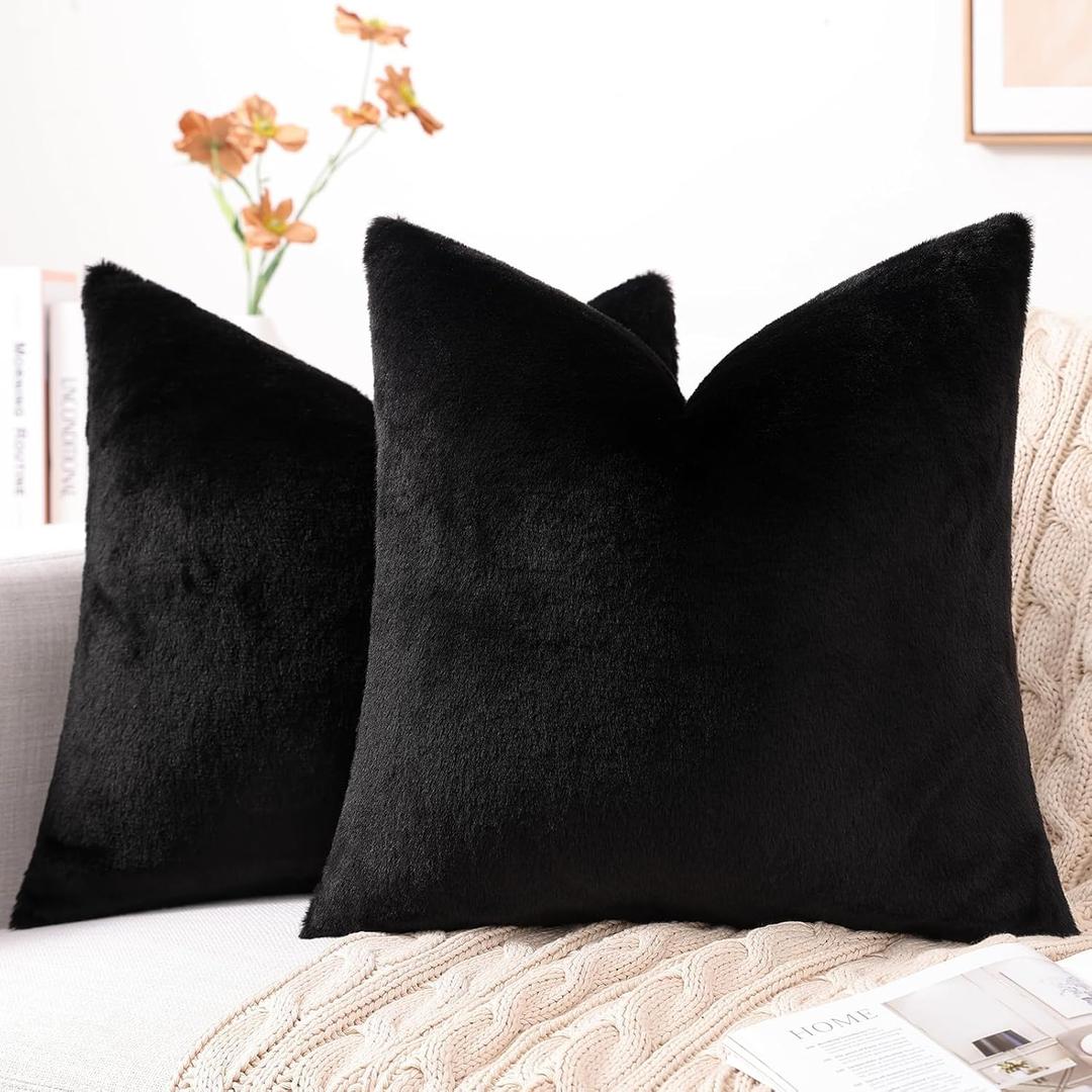 Pallene Faux Fur Plush Throw Pillow Covers 18x18 Set of 2, Luxury Soft Fluffy Cozy Decorative Pillow Covers for Sofa, Couch, Living Room, Black