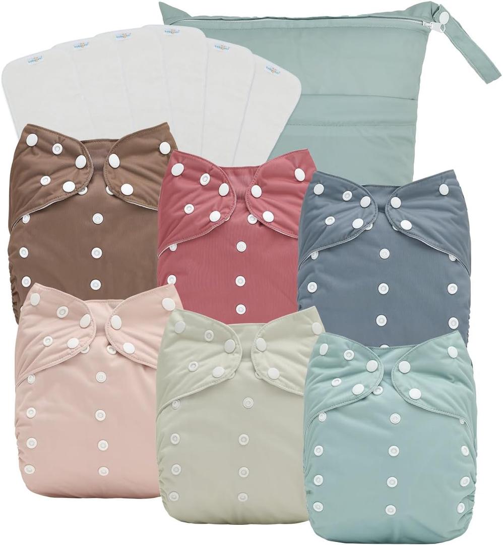 babygoal Large Cloth Diapers Pack of 13 for 3-5 Year Toddlers, Cloth Diaper Covers 6 Pack with 6pcs Inserts and Wet Bag, Reusable Washable & Waterproof (Neutral Color 52, Large)