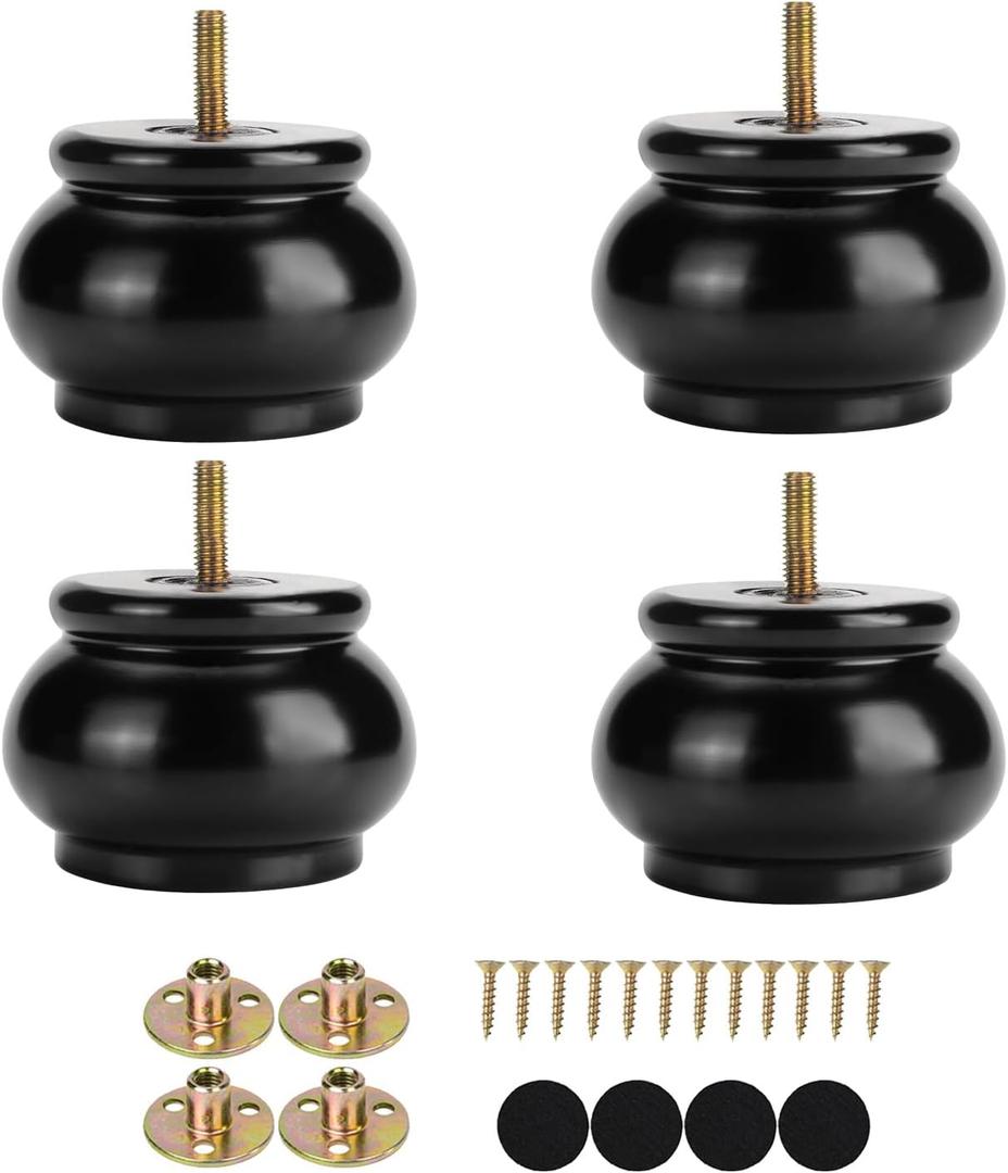 Maricome 2 Inch Black Wood Round Furniture Legs Predrilled M8 Bolt Replacement Bun Feet for Sofa Couch Cabinet Screw in Set of 4 (Height: 2.36 In/6CM)