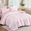 WONGS BEDDING King Size Comforter Set, 8 Pieces Pink Floral Bed in a Bag Comforter Sets, Botanical Print Soft Fluffy Microfiber Complete Bedding Sets for All Season (90"x104")