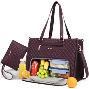 Lunch Tote Bag for Women, 15.6 Inch Laptop Work Bag with Insulated Lunch Box Compartment & Purse Large Capacity Quilted Computer Handbag for Office Business Work Nurse Teacher Travel Casual (Burgundy)