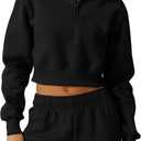 QINSEN Womens Half Zip Crop Sweatshirt High Neck Long Sleeve Pullover Cropped Top (Large, Black)