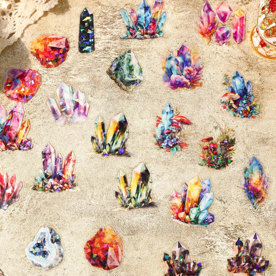 160-Piece Holographic Glitter Fantasy Crystal & Gemstone Sticker Pack  Waterproof Transparent Colorful Watercolor Crystals, Mystical Gems Stickers for Scrapbooking, Journals, Resin Art Supplies