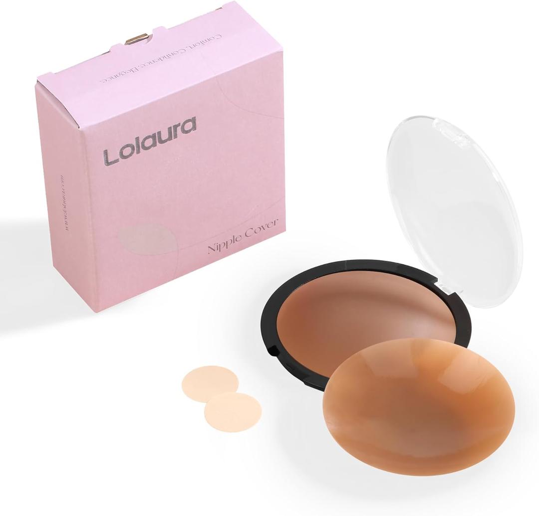 Lolaura Nipple Covers for Women, Reusable Silicone Pasties, Invisible Breast Petals, for Strapless Dresses, with Travel Box (Beige)