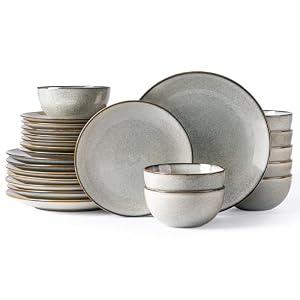 GBHOME Dinnerware Sets For 8, 24Pcs Stoneware Plates and Bowls Sets, Dishwasher&Microwave Safe
