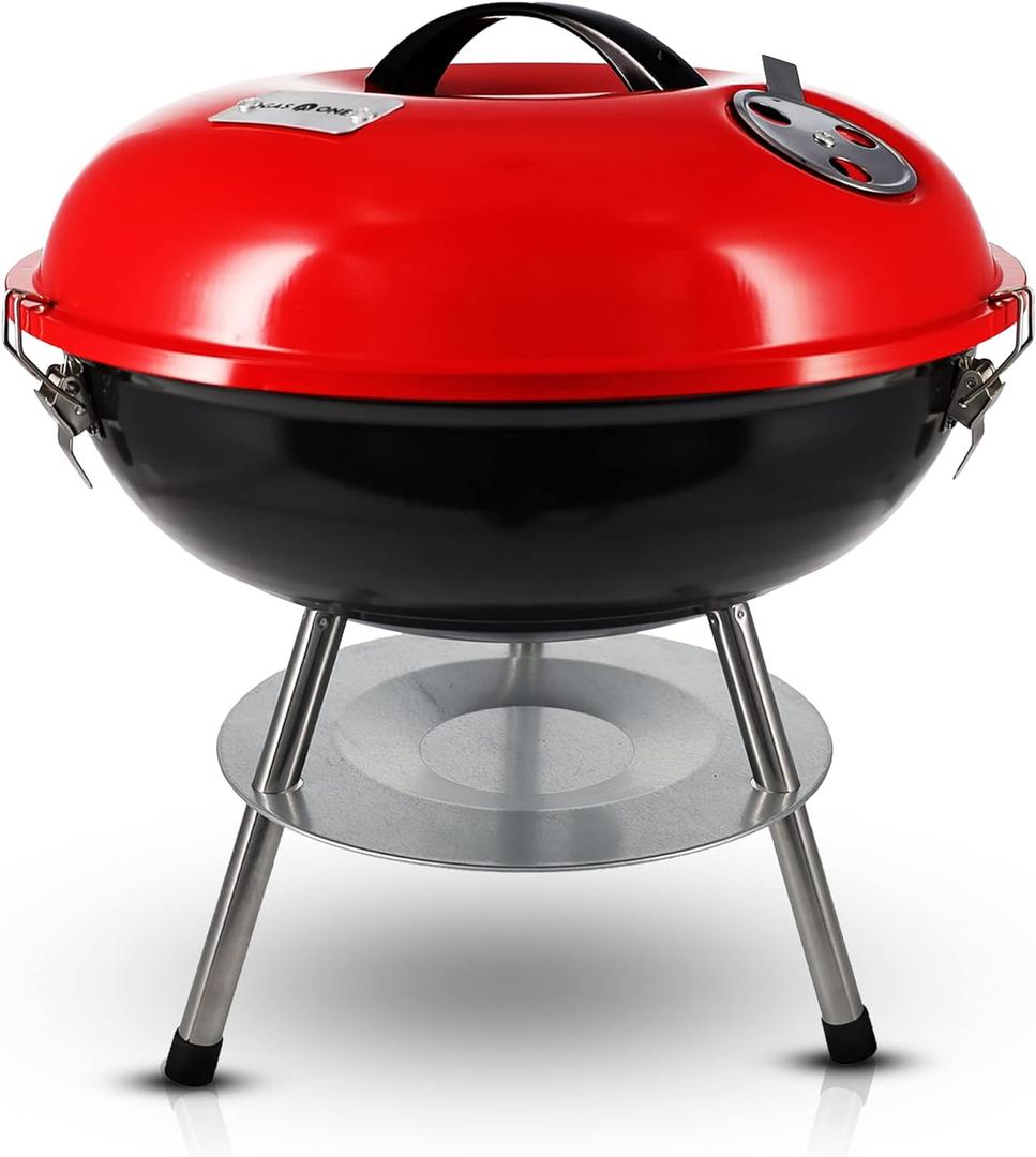 Gas One  14-inch Portable Barbecue Grill with 3-Point Locking Lid for Heat Preservation  Dual Venting System  Small Charcoal Grill for Backyard, Camping, Boat